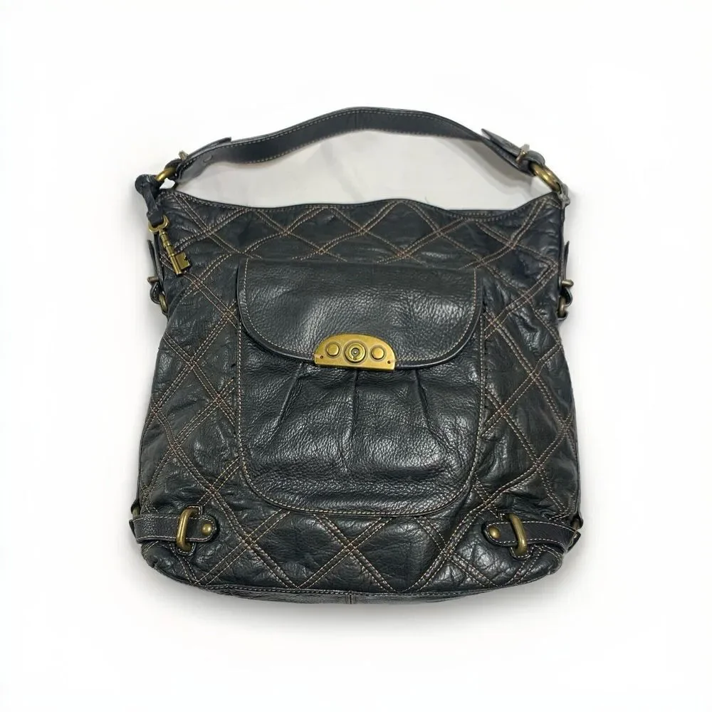 Fossil‎ Maya Quilted Black Leather Shoulder Bag Decorative Brass Hardware Key